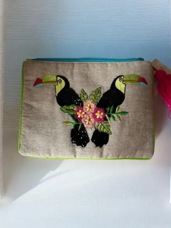 Antik Kraft Colorful Toucan Embroidered Pouch,cosmetic bag