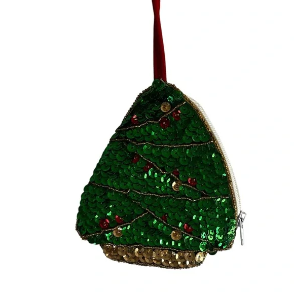 Green Sequin Christmas Tree Coin Purse Vintage