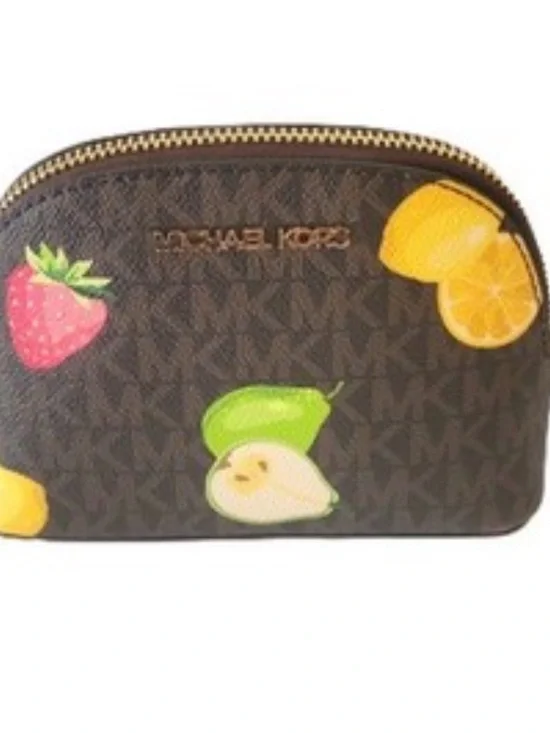 NWT Michael Kors Jet Beige Logo Cosmetic Kit Pouch-Pink/Green/Yellow Fruit Print