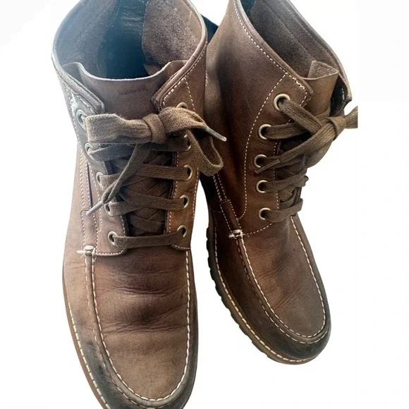 John‎ Varvatos Boots Mens Brown Leather Moc Toe Lug Sole Distressed Lace Up