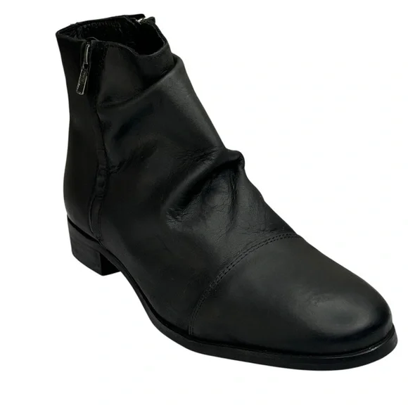New Black Leather Ankle Boots Side Zipper Ruching 2” Block Heel Size 41 US Sz 10