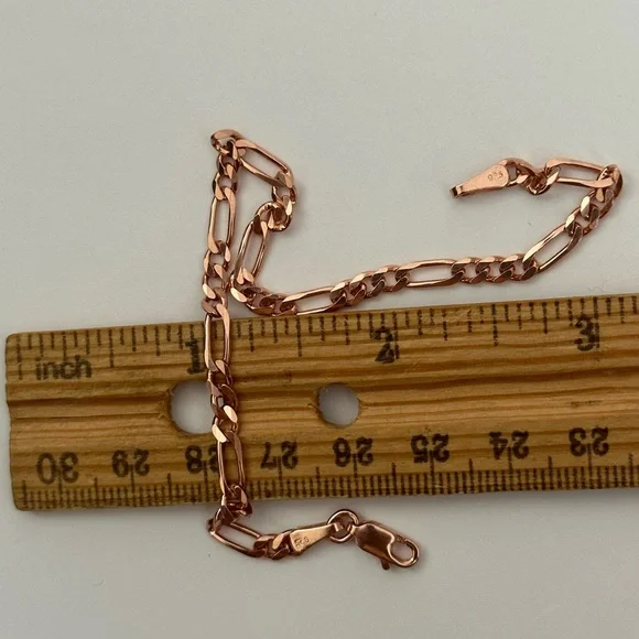 925 Silver 4mm 8” bracelet figaro chain 14k rose gold plated unisex