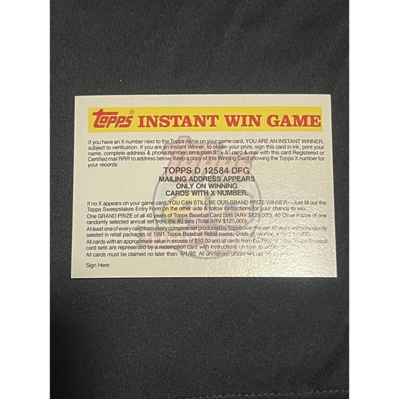 1991 Topps Instant Win Game Baseball Card Contest