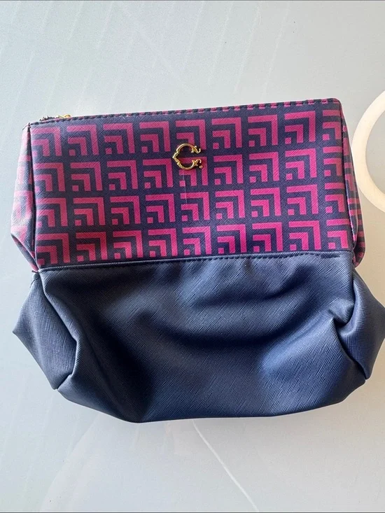 C. Wonder Pink Patterned & Navy Cosmetic Bag with Gold Accent