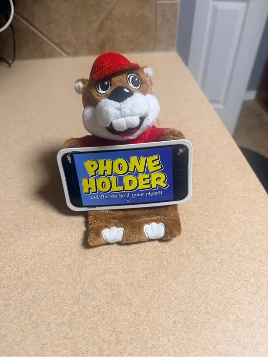 Plush Phone Holder in Brown and Red - Cute Desk Stand