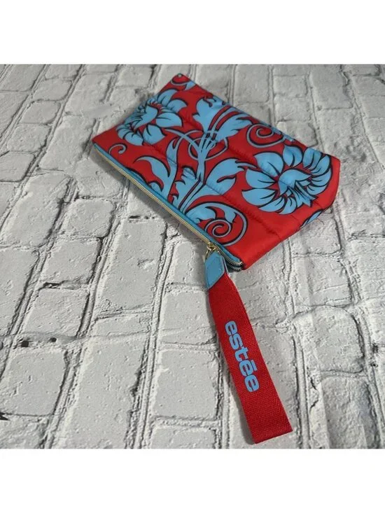 Estee Lauder Makeup Cosmetic Bag Clutch Red Blue Floral Puffer Recycled Fabric