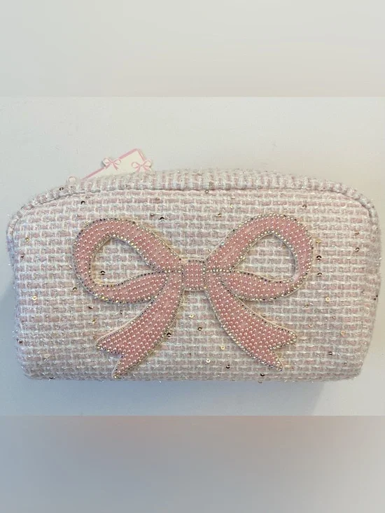 Pink Bow Tweed Cosmetic Pouch NEW!