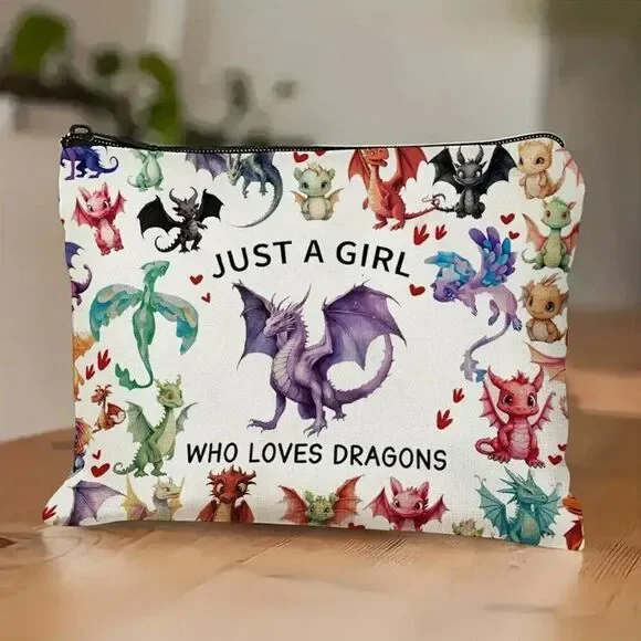 Just a Girl Who Loves Dragons, Zipper Closure, Travel-Friendly Cosmetic Pouch