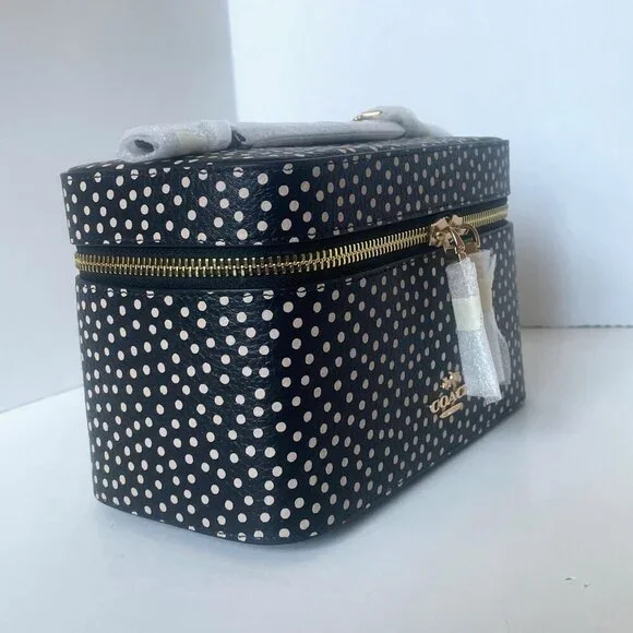 Coach Cosmetic Case CCF44 Black Leather Polka Dot Large Zip Pouch