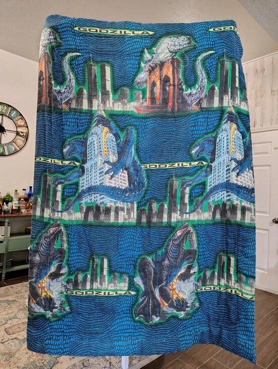 1998 Godzilla Movie  Blue Graphic Comforter Blanket Twin Size Vintage