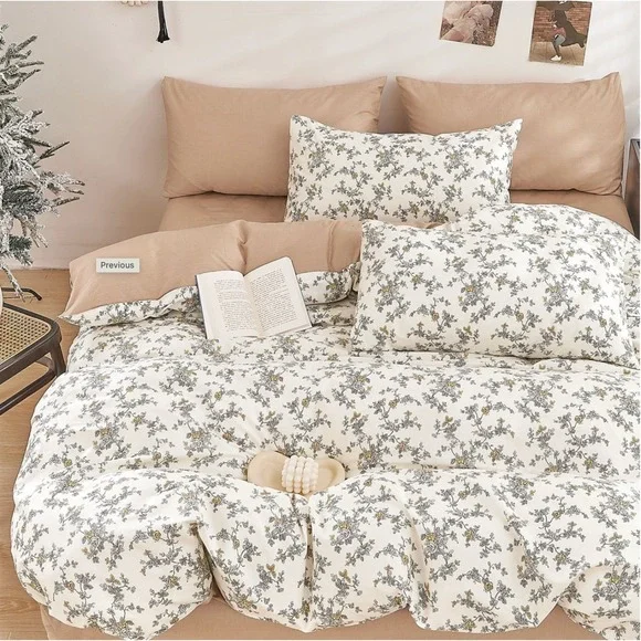 Demi-Dusk Gray White Brown Floral 100% Cotton‎ Reversible Comforter Set Twin