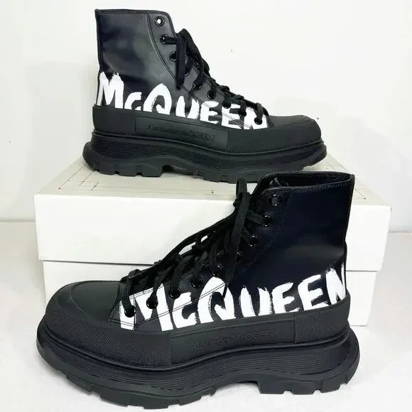 ALEXANDER MCQUEEN Men’s Tread Slick Boot Graffiti Logo Black with Box