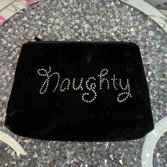 Bag makeup zip up velour Black 'Naughty' Nice crystal Rhinestone Velvet Pouch