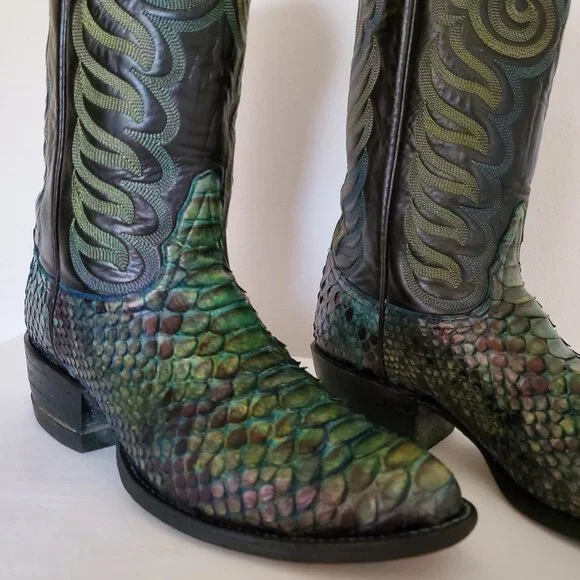 Tony Lama 8 1/2 painted blue green black western cowboy boots python snake skin