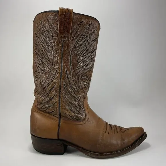 Dan Post 6154 Western Boots Mens Size 9 Pointed J Toe, Flame Embroidery Tan VTG