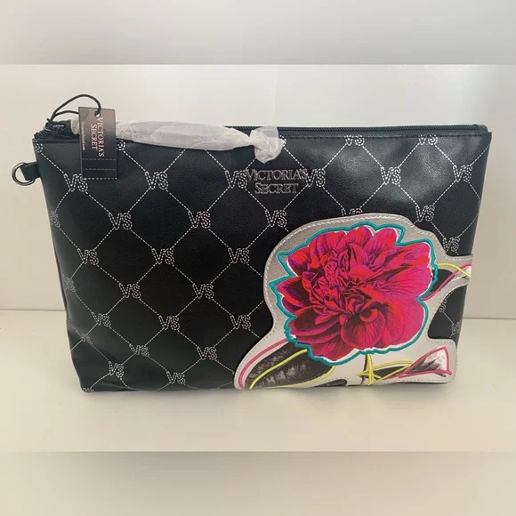 Victorias Secret Faux Leather Cosmetic Makeup Clutch Bag Black Monogram NWT