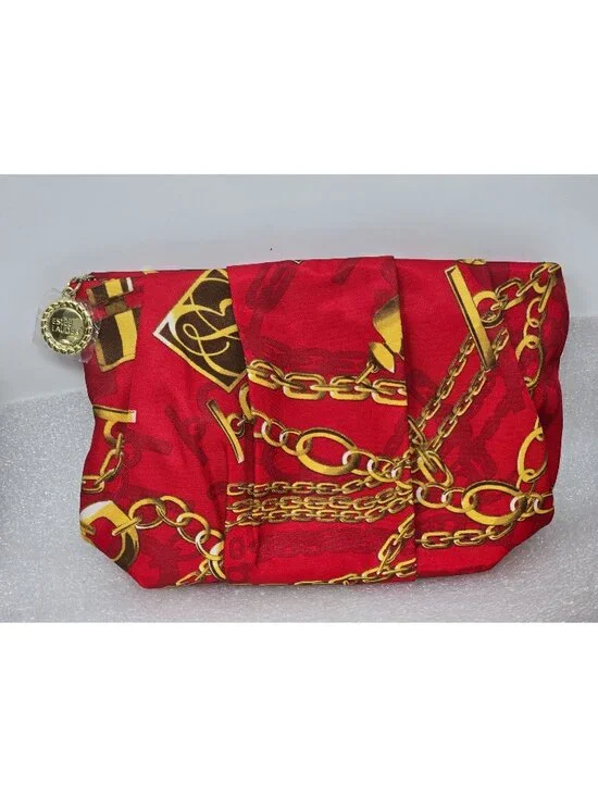 Estee Lauder Red Makeup Cosmetic Bag With Gold Chain Print & Zipper Closure