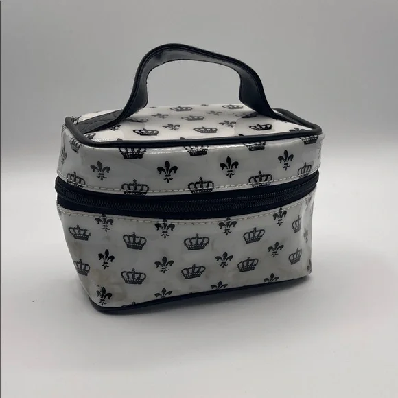 CROWN AND FLEUR-DE-LIS PRINT COSMETIC BAG WITH HANDLE ZIP CASE