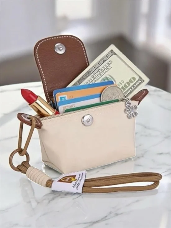Longchamp Mini Style Beige Canvas Women's Brown Leather Trim Silver Flower Charm