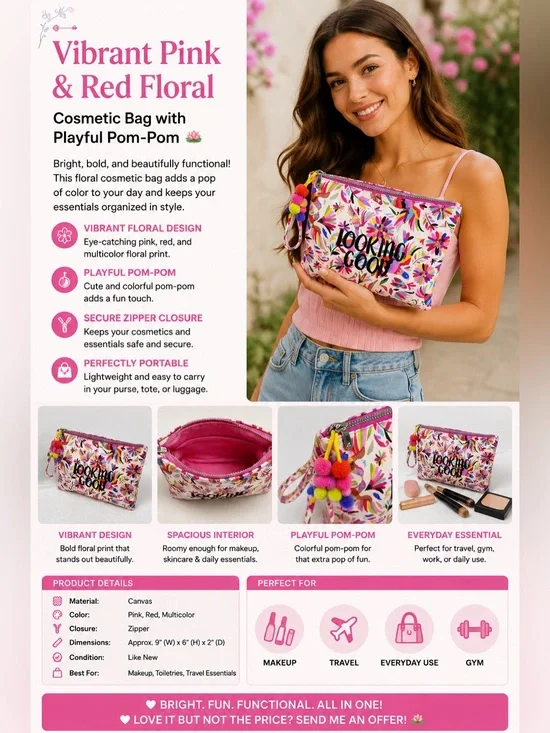 Vibrant Pink and Red Floral Cosmetic Bag with Playful Pom-Pom 🪷