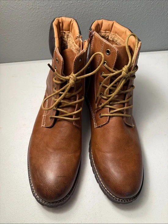 Men's Tan Lace-Up Faux Leather Boots with Fur Lining