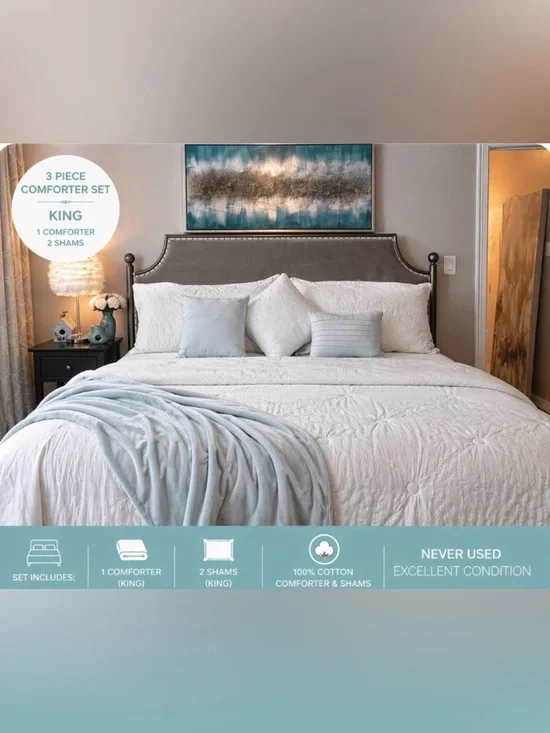King Cotton Comforter Set in White with Light Blue Accents