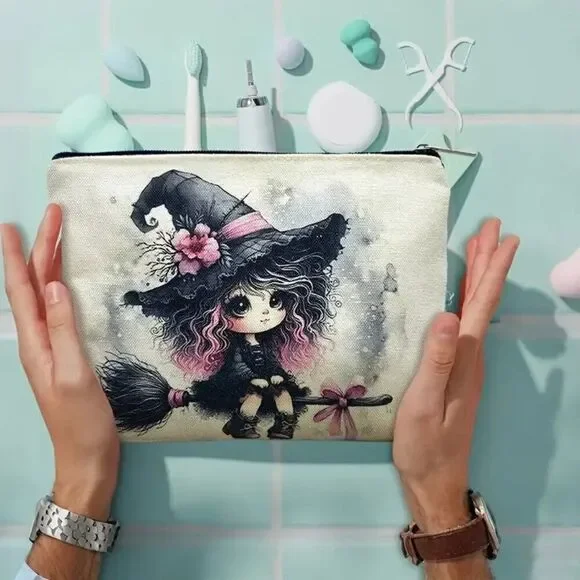 Halloween Gothic Witch and Broom Stick Multifunctional Travel Cosmetic Bag
