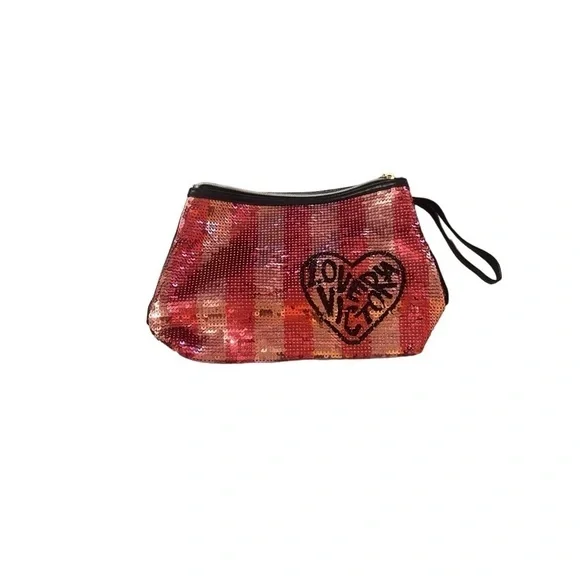 Victorias secret striped logo sequin wristlet makeup travel pouch bag EUC