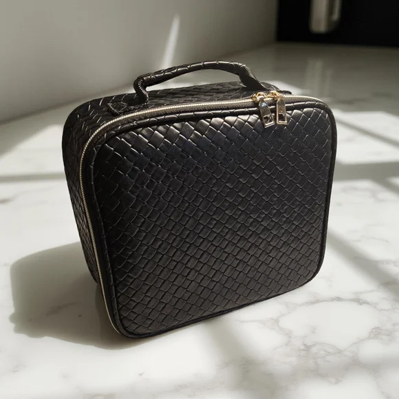 NWOT Black Woven Cosmetic Bag with mirror