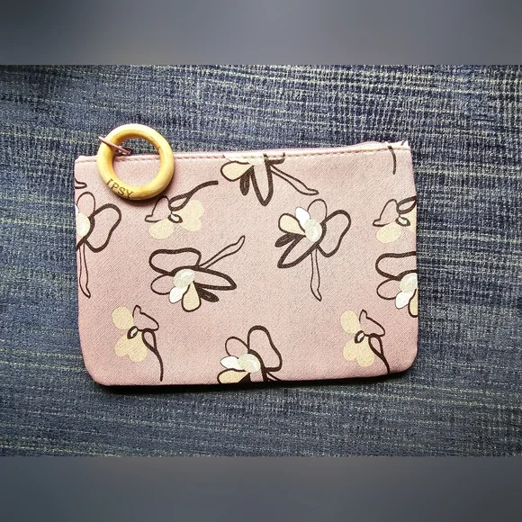 Ipsy purple lavender floral with wood handle makeup pouch