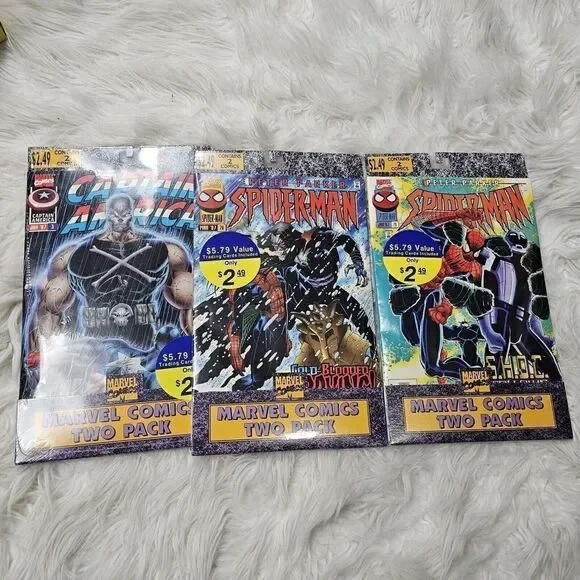 Lot Of 3 Comic 2 Packs Marvel With Trading Cards January 1997 Spider Man Captain