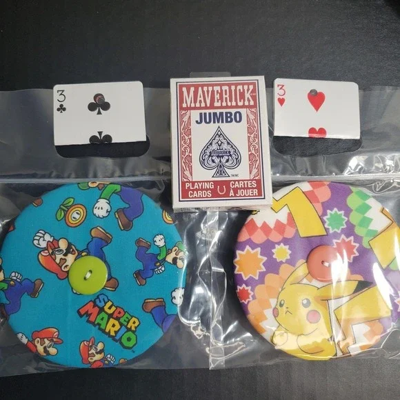 Fabric Playing Card Holder Helping Hands Lot Of 2 + Cards, Mario Bros / Pokemon