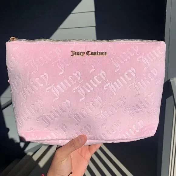 💕👑 RARE PLUSH VELOUR BABY PINK & GOLD JUICY COUTURE COSMETIC BAG 👑💕