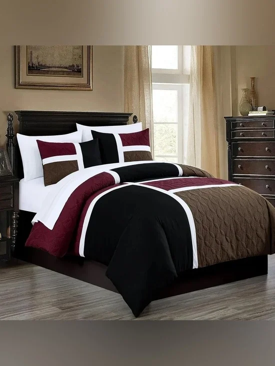 3-Piece Black, Burgundy & Brown Modern Quilt Bedding Set
