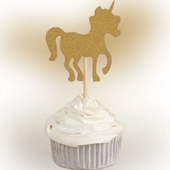 💥Giuffi Party Crafts Gold Glitter Unicorn Cupcake Toppers Wooden Pick 24 PCS