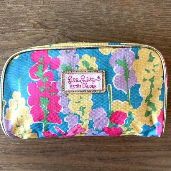 NEW Lilly Pulitzer for Estée Lauder Cosmetic Make-up Bag-Floral-Gold Trim-Sz Sml