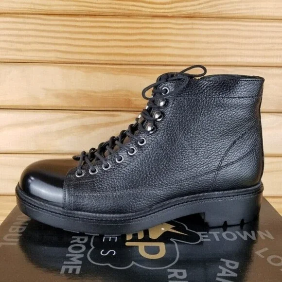 Men's 9M 100% Genuine Leather Black Ankle Boots by Paul Branco Side Zip Lace-up