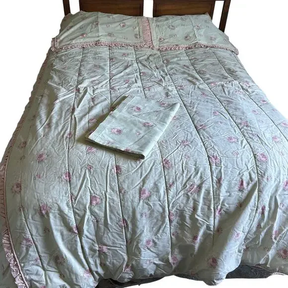 Laura Ashley Green Pink Rose rosemoor full comforter 2 shams cottage core ruffle
