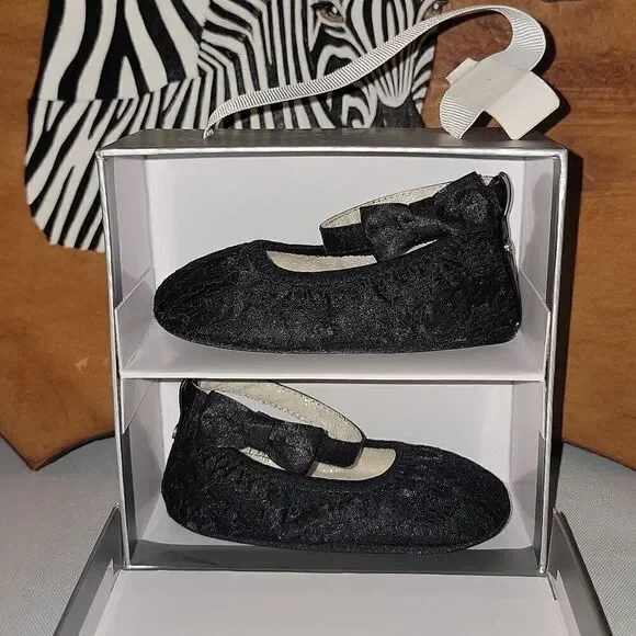 New Stuart Weitzman Black Baby Lacie Lace Shoes 9-12 Months Size 4