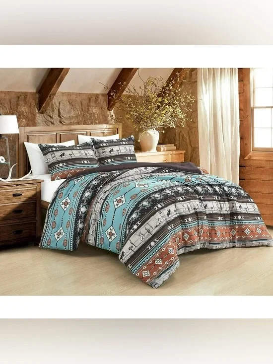 Southwestern Pattern Turquoise and Rust Queen 3 piece Comforter Set