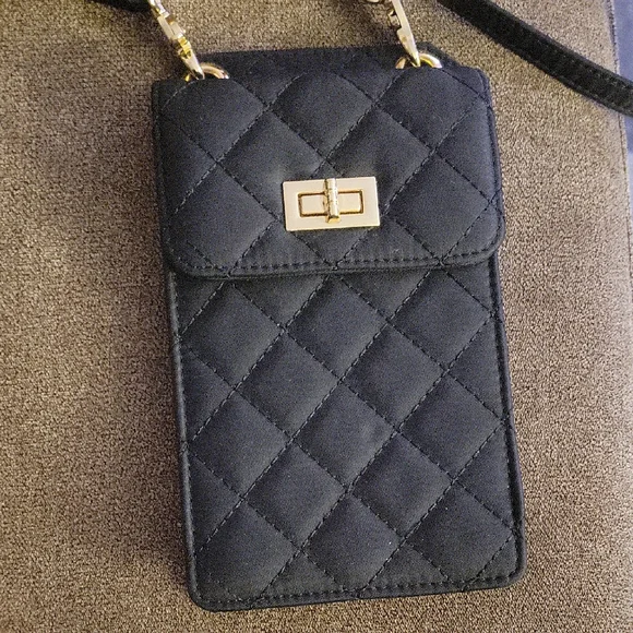 Chic Black Quilted Phone Pouch with Gold Accents