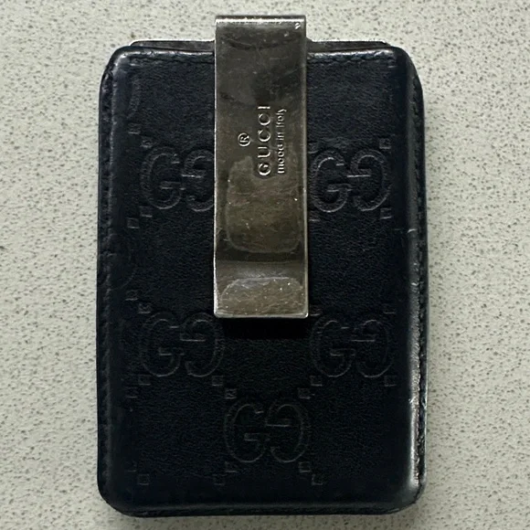 Gucci Black Leather Money Clip Card Case with Silver-Tone Clip