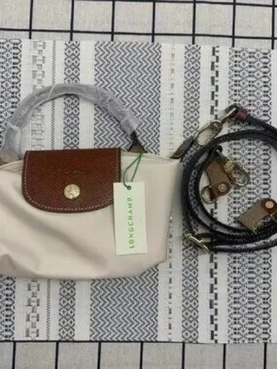 Longchamp Small Le Pliage Nylon Crossbody Bag in Cream with Brown Trim