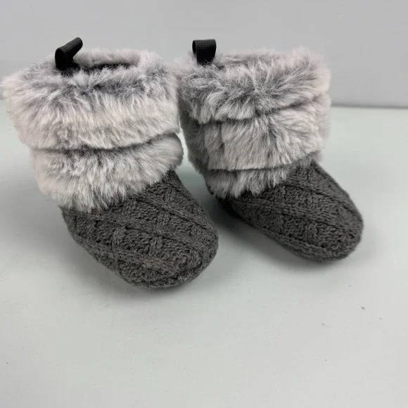 Stepping Stones Infant Baby Faux Fur Cable Knit Booties Shoes Size 3-6M Gray New