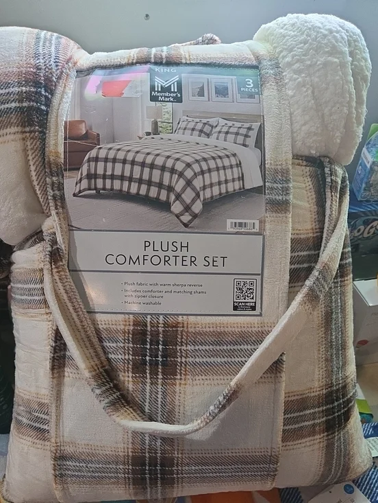Plush Comforter Set - Cream & Brown Plaid (King)