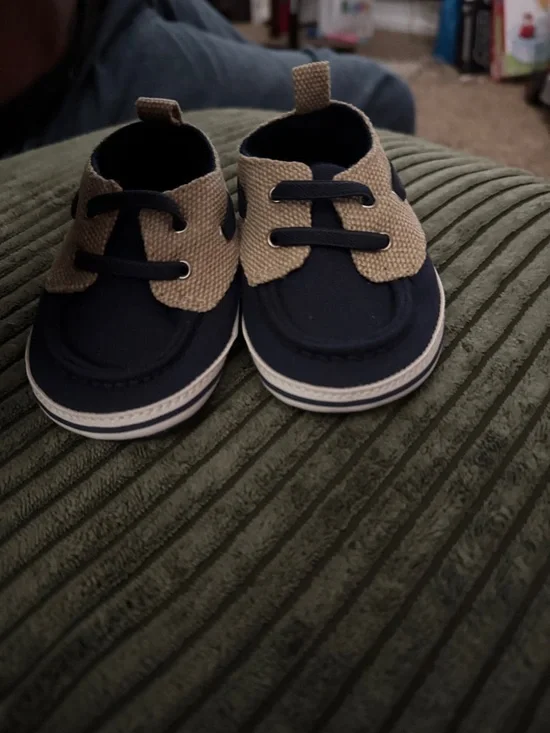 Baby Walker Shoes - Navy and Tan Canvas Lace-Up Booties