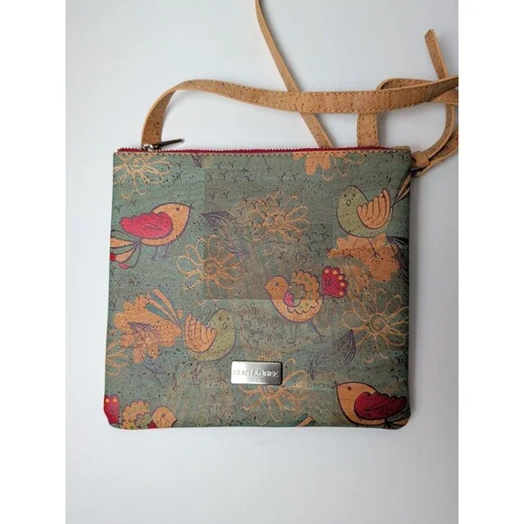 Bent & Bree Ivy Cork Crossbody Bag Eco Friendly Vegan Bird Print Purse Green