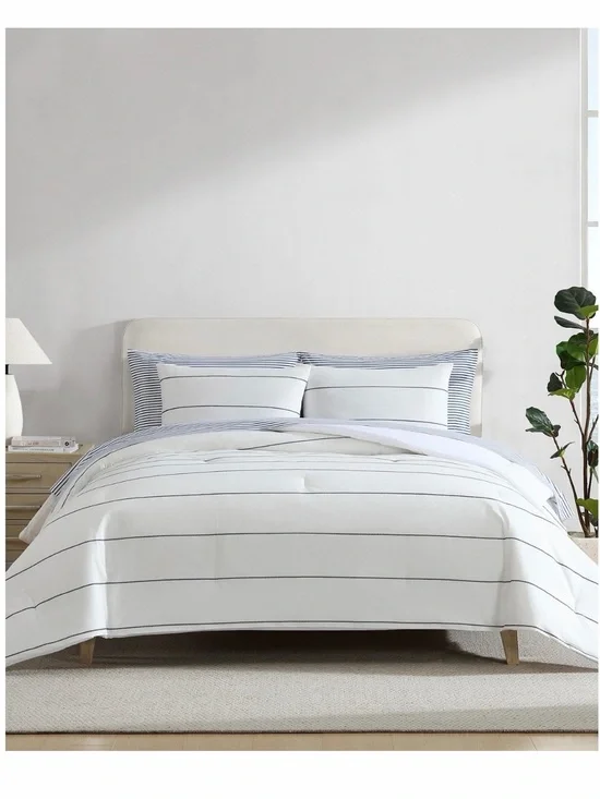 Nautica White Comforter Set with Navy Stripe Accents