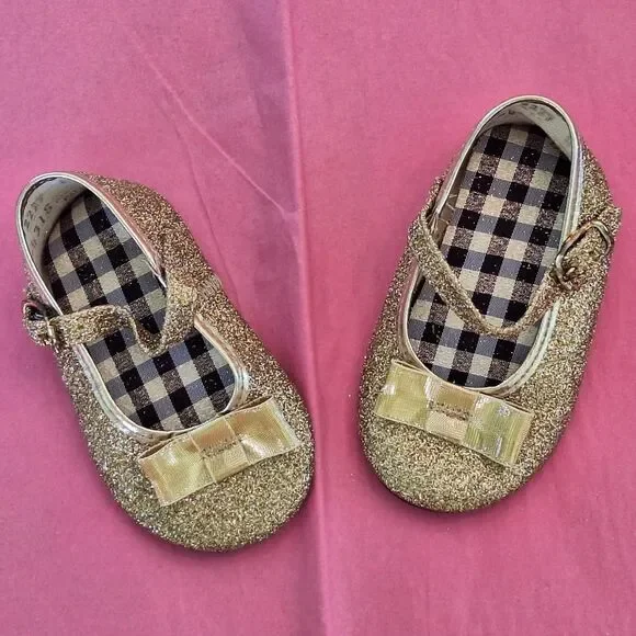 Baby Girl Gold Glitter Holiday Party Shoes Mary Janes Made In USA 2 NWOB