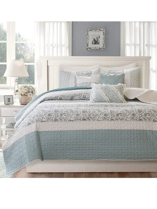 Light Blue and White Quilted Bedspread Set - Home Bedding
